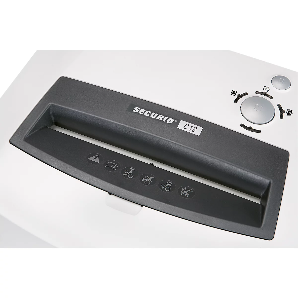 Close-up of a grey paper shredder with control panel and SECURIOC18 lettering.