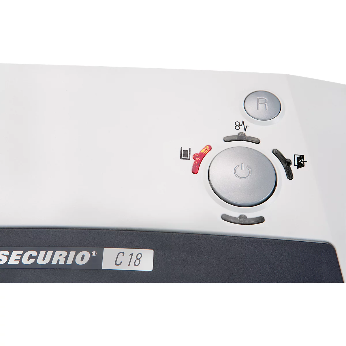 Close-up of a white paper shredder surface with controls, including a power button, LED indicators, and a reset button.