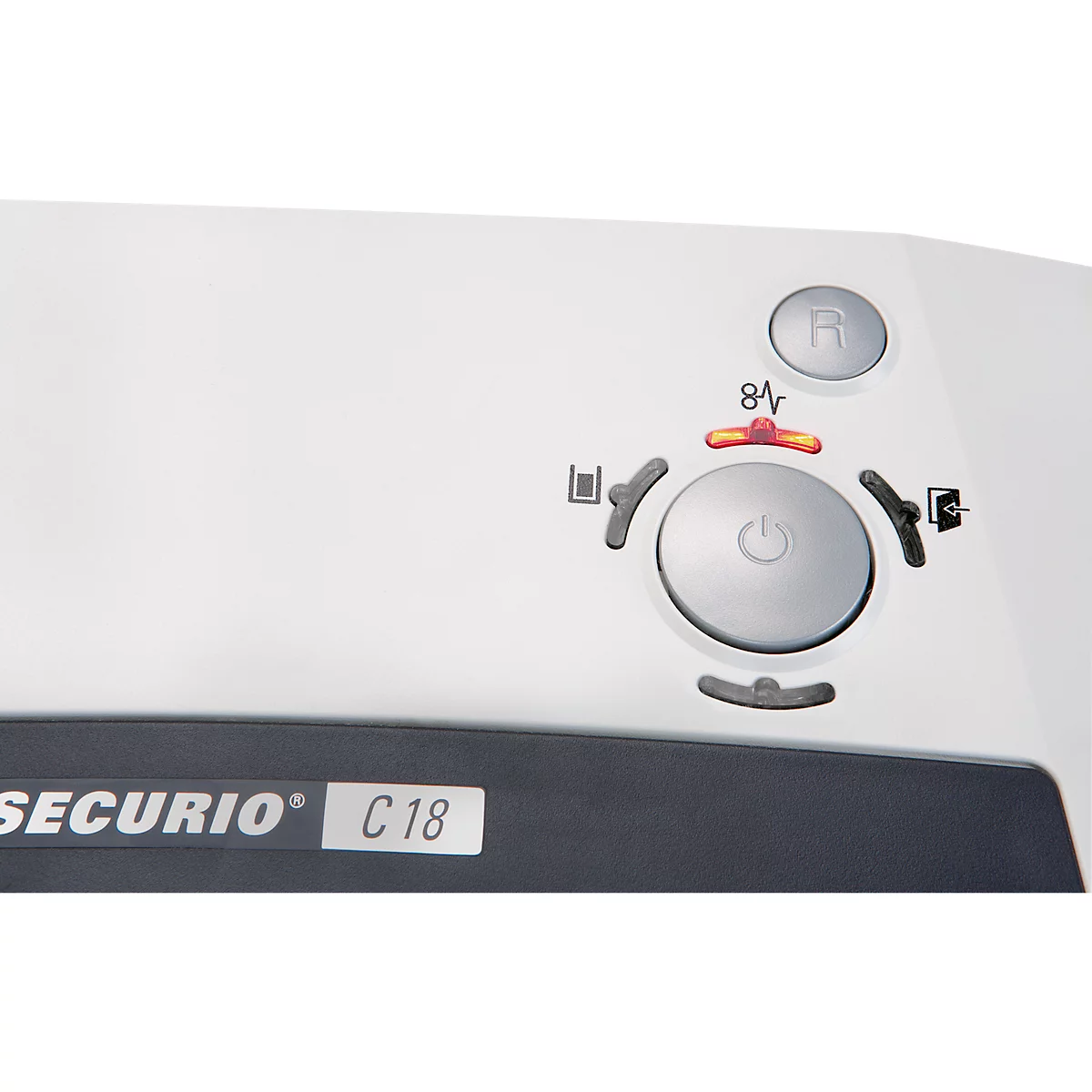 Close-up of a white paper shredder with control panel. A large round button with a power symbol, as well as other buttons and LEDs.