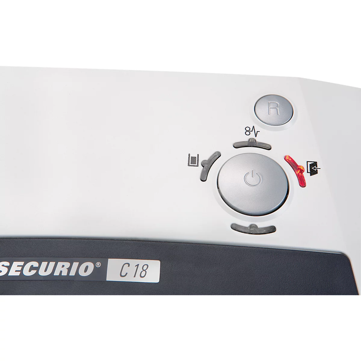 Detail shot of a paper shredder's control panel with an on/off switch and various symbols.