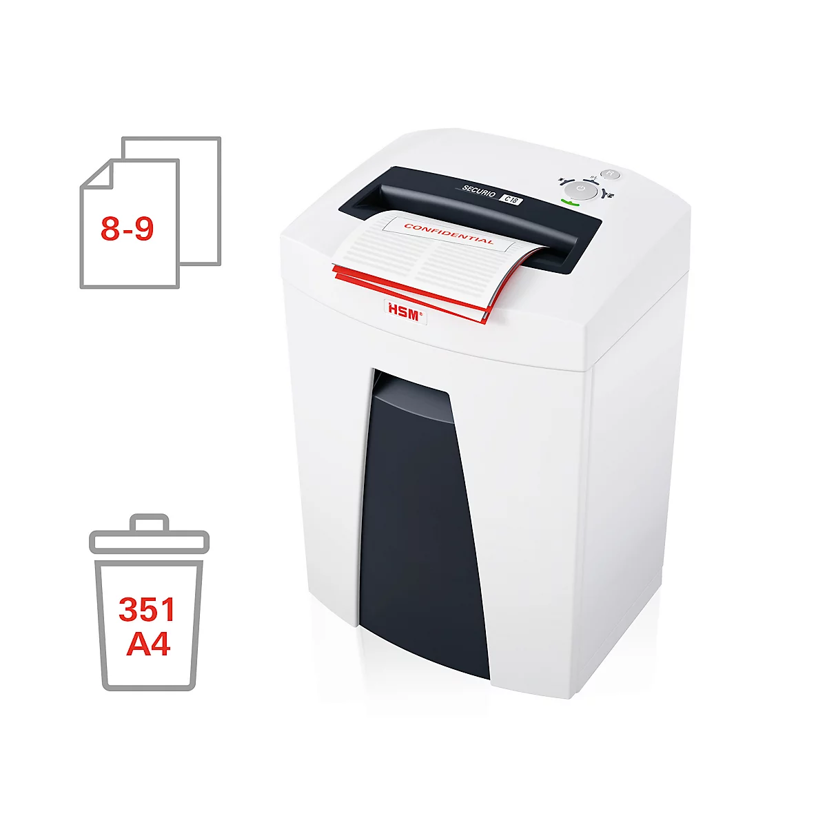 White paper shredder with documents being fed. Details: 8-9 sheets, 351 A4.