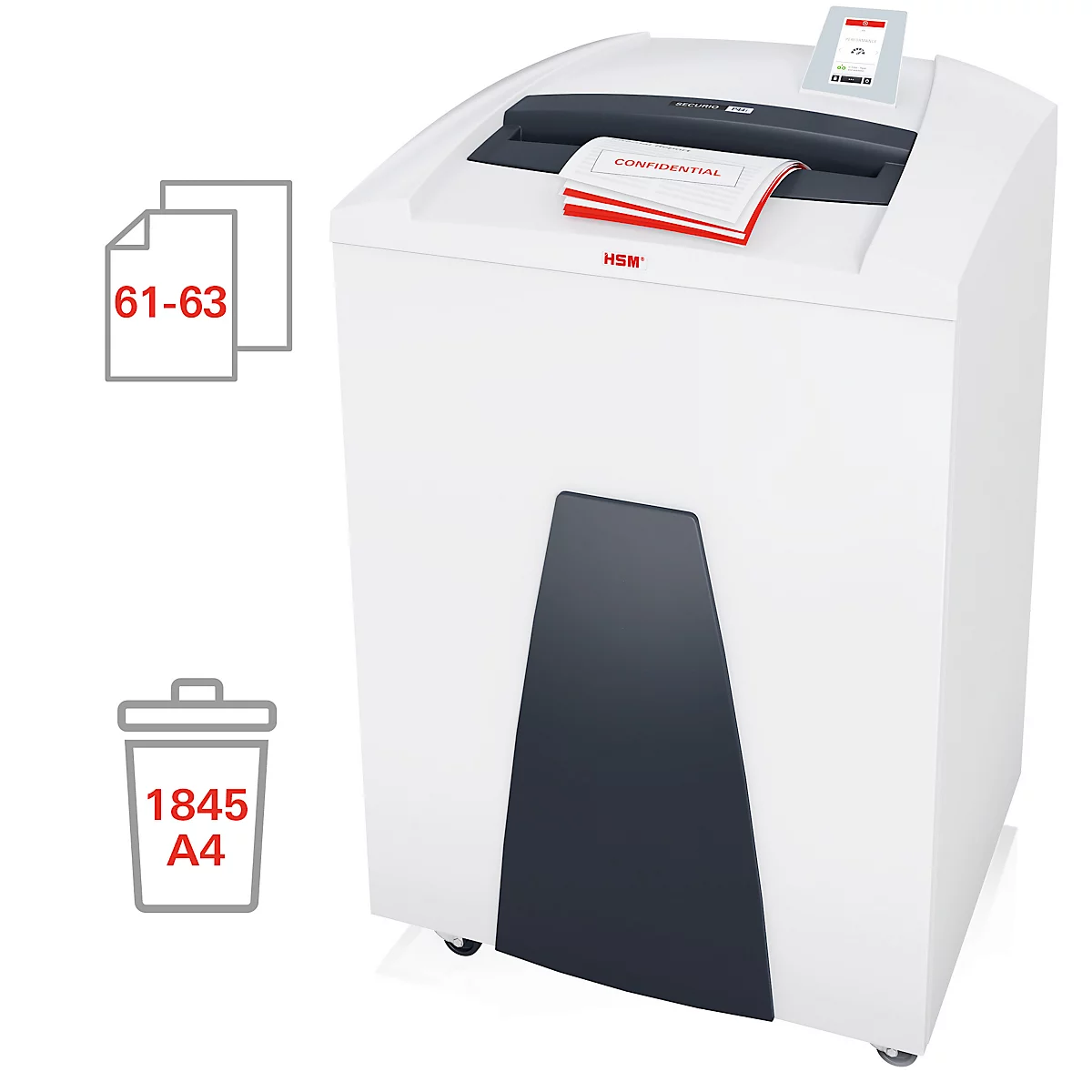HSM SECURIO P44i papiervernietiger, veiligheidsniveau 2, strooksnede 3,9 mm, 63 vel, wit