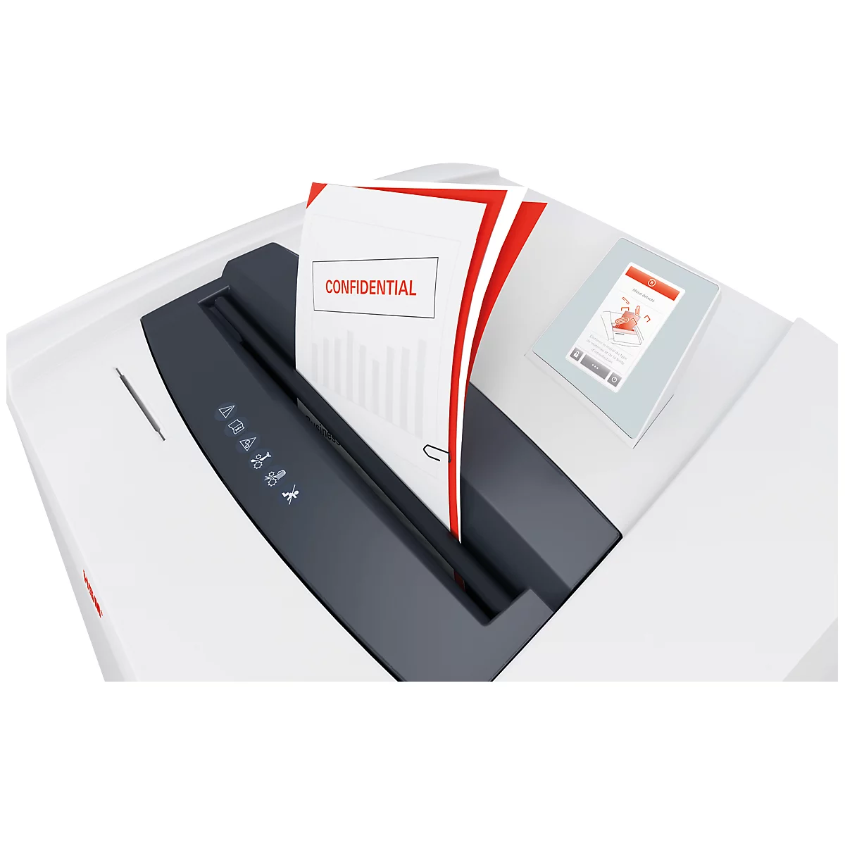 Versnipperaar met documenten met het label 'CONFIDENTIAL'.
