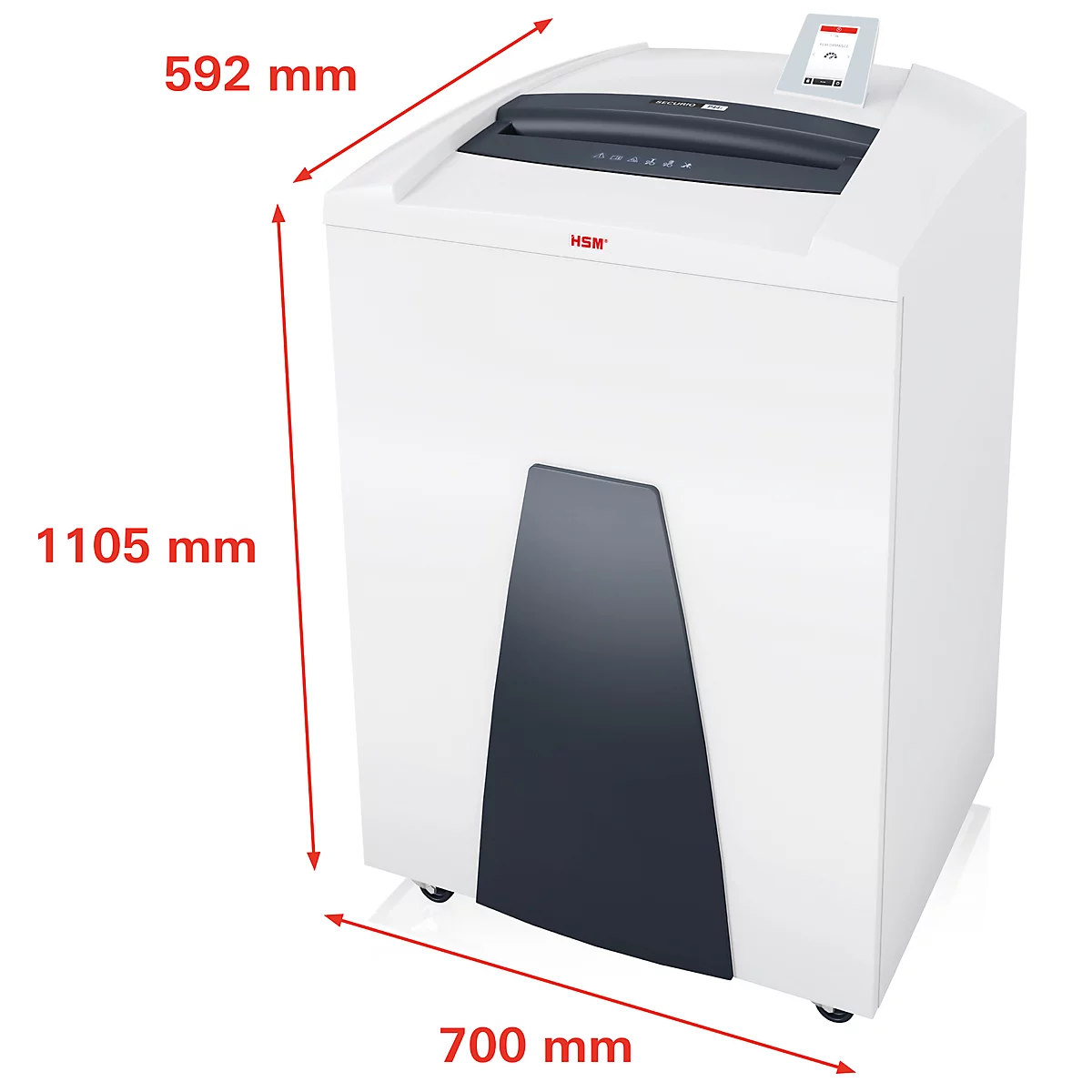 Witte papierversnipperaar met zwarte details en afmetingen in mm. Een bedieningspaneel aan de bovenkant, een donker designelement aan de onderkant.