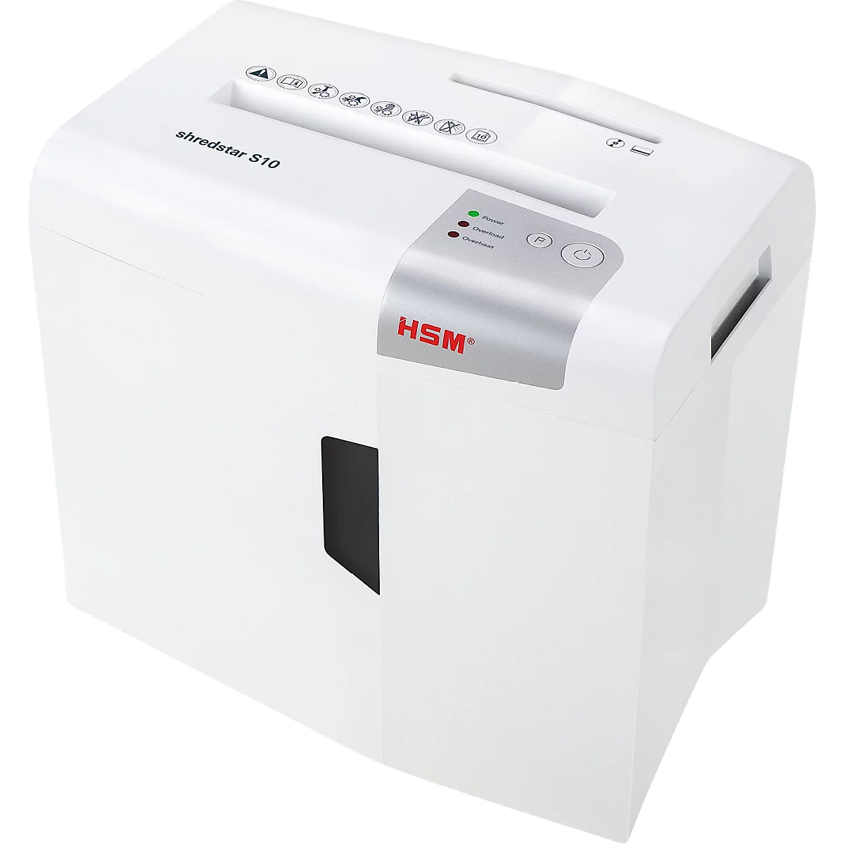 White shredder with "shredstar S10" and the HSM logo.