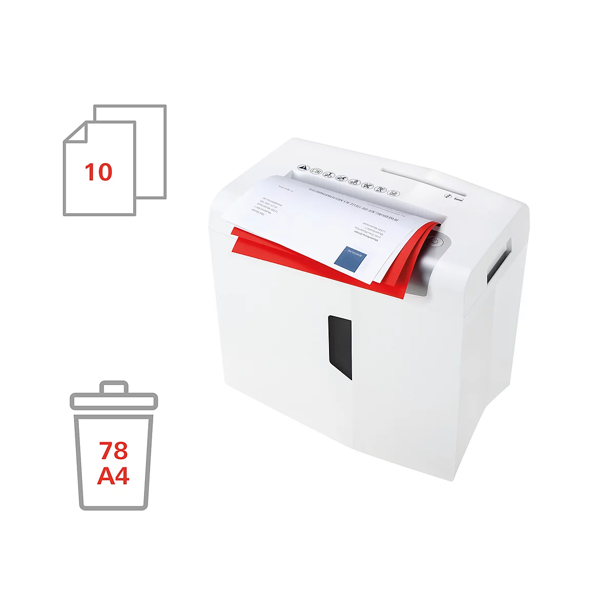 White paper shredder with paper being fed in. Pictograms on the left: 10 sheets, trash can with 78 A4.
