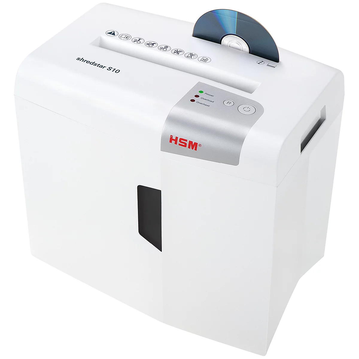 White shredder with silver control panel, a CD is inserted. The inscription "shredstar S10" and "HSM" can be seen.