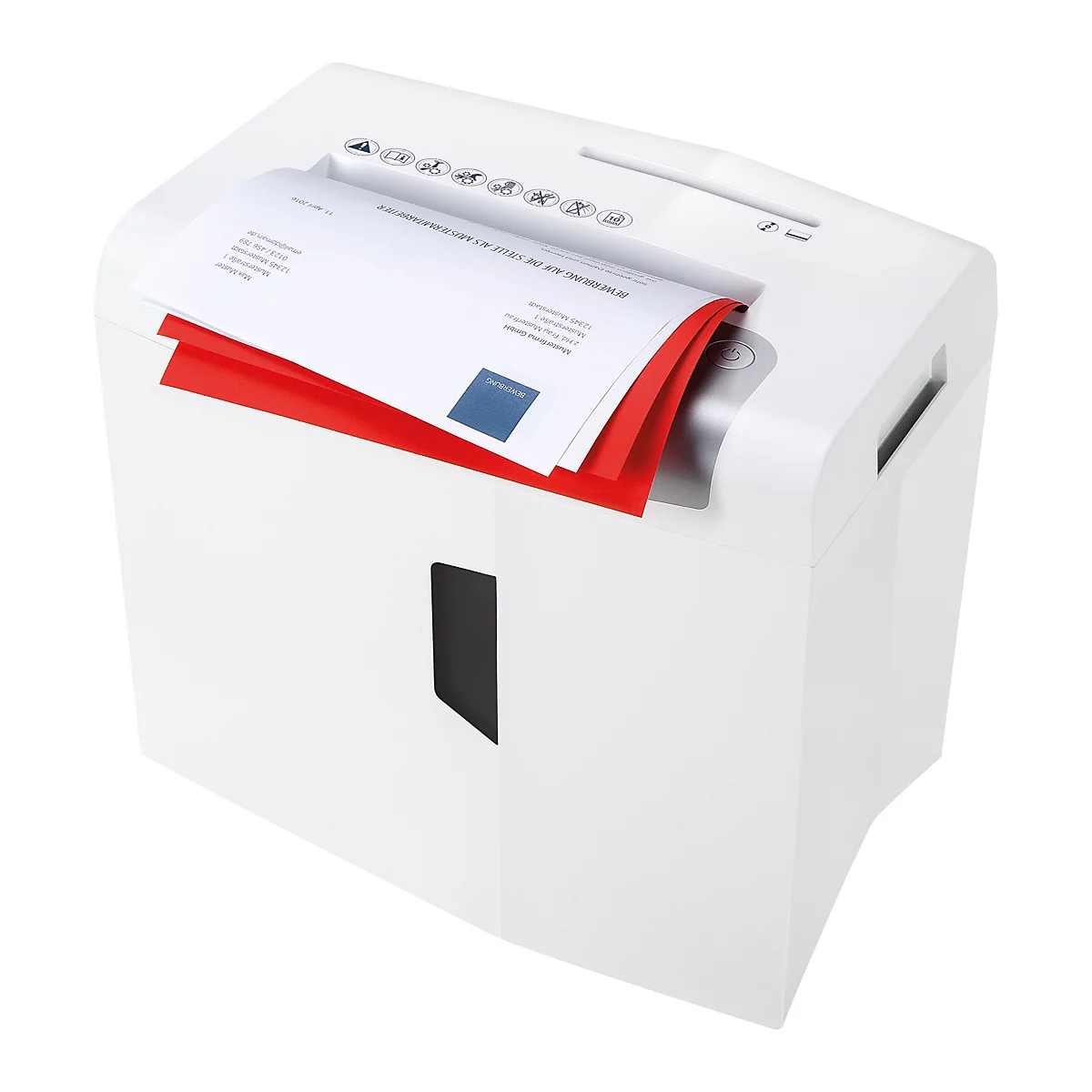 White paper shredder with paper in the feed. Red and white paper is being shredded.
