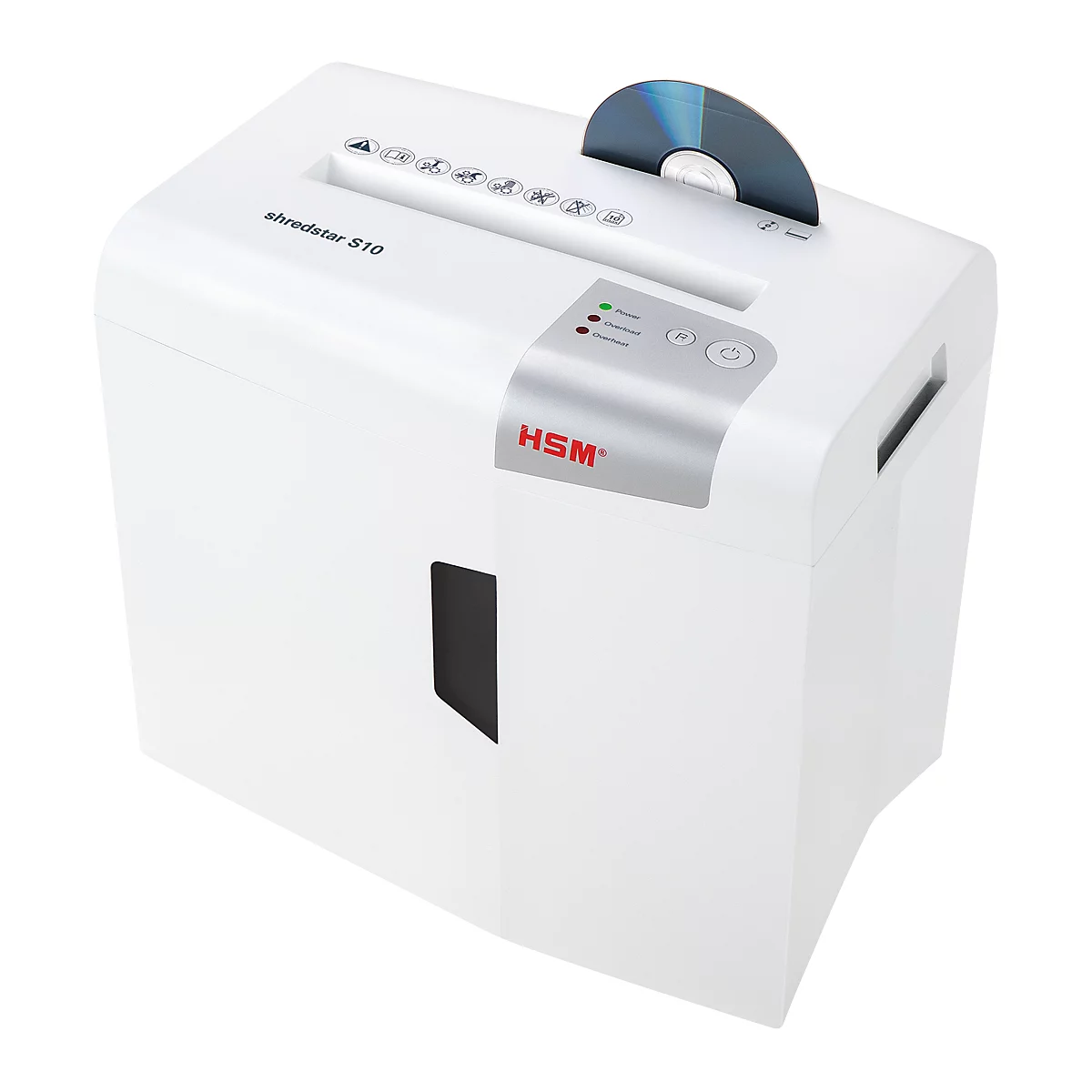 White paper shredder with inserted CD, silver accents, and red HSM logo. Inscription: shredstar S10.
