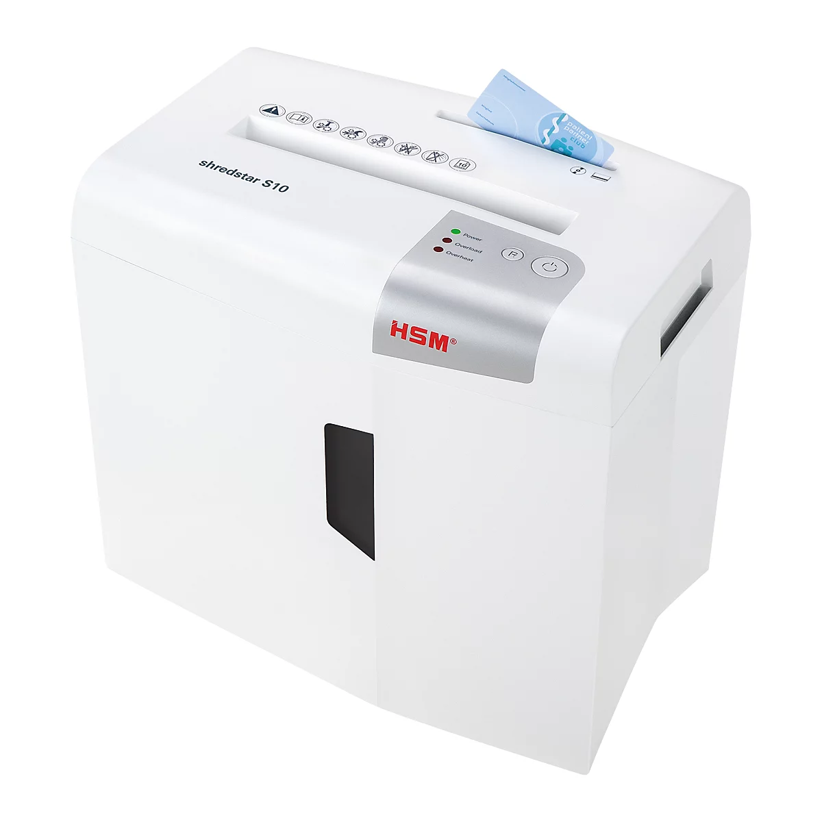 White paper shredder with the inscription shredstar S10, paper is being fed in. Controls and the HSM logo are visible.