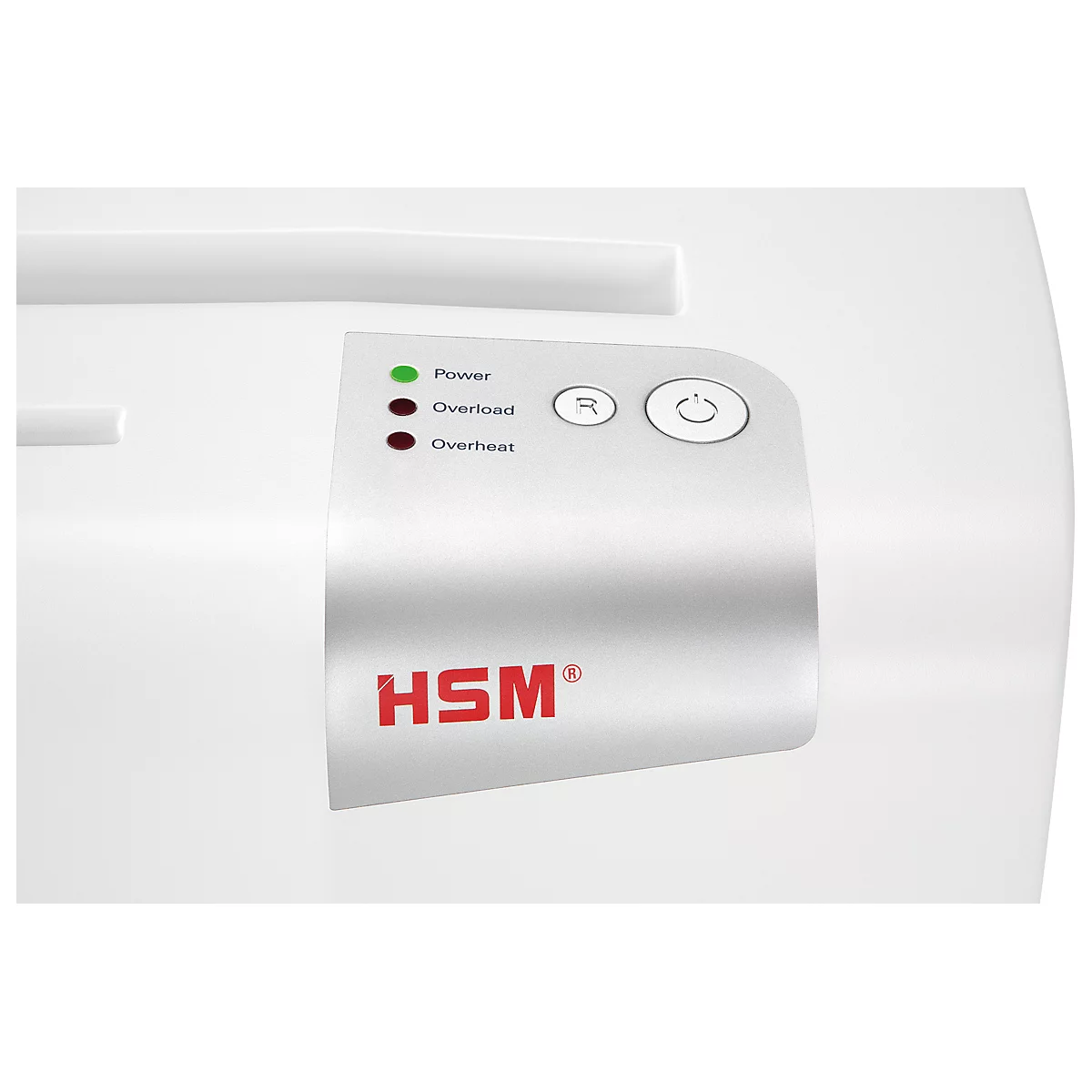 Close-up of a white paper shredder console with buttons and lights. The brand 'HSM' is highlighted in red.