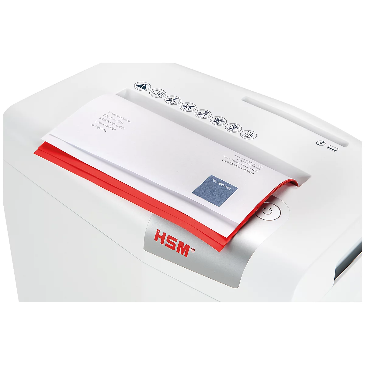 White paper shredder with stack of paper, red edge and HSM logo. Paper is being fed into the slot.