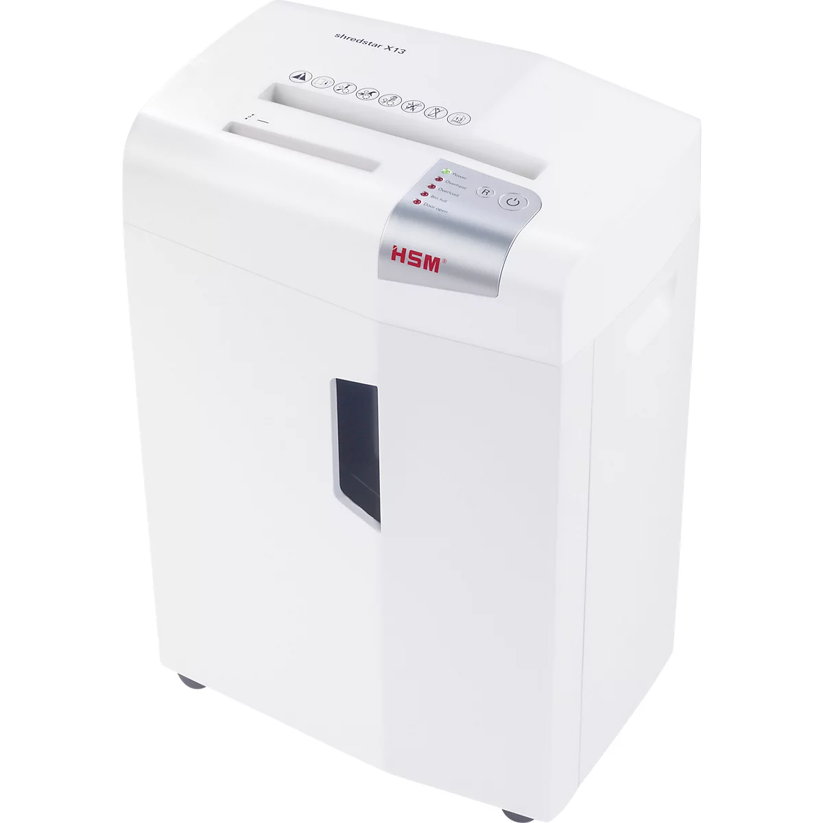 White paper shredder, top with feed slot, control panel and HSM logo. Black viewing slot for the collection container.