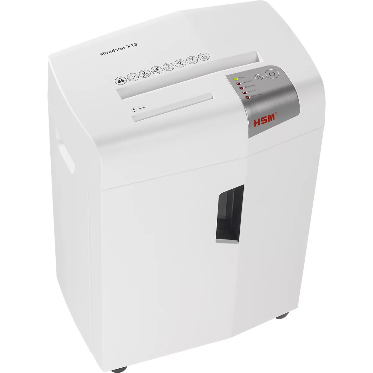White shredder with control panel and HSM logo. The paper feed is on the left. Inscription: shredstar X13.