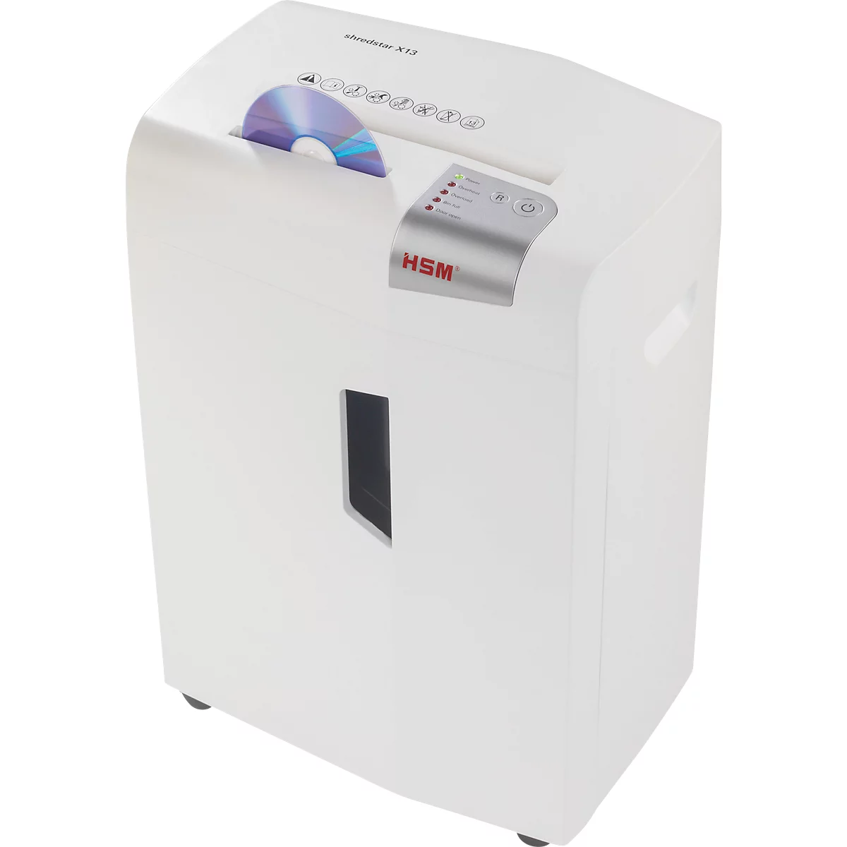 A white shredder is shredding a CD. On the front are control buttons and the "HSM" logo.