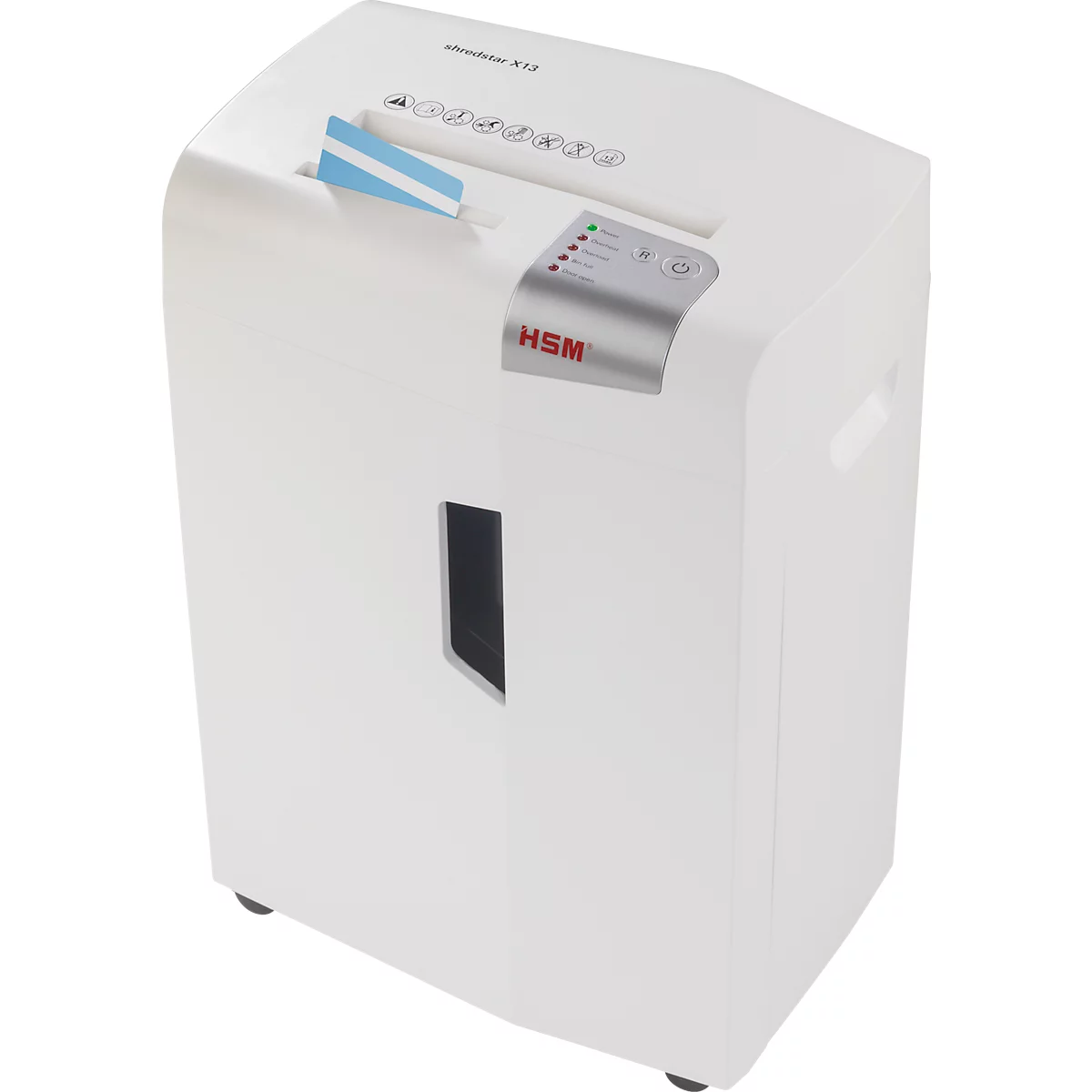 White paper shredder. Paper feed at the top, display at the top right. Blue paper is being shredded.