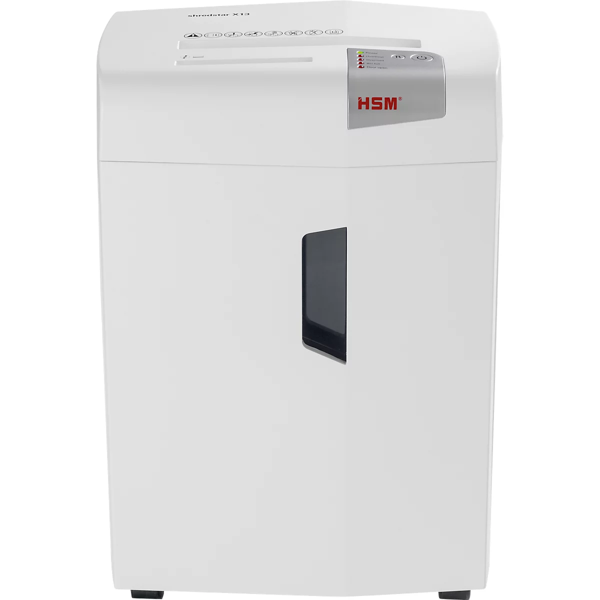 White paper shredder with the "HSM" logo. The device has a paper feed and a collection container.