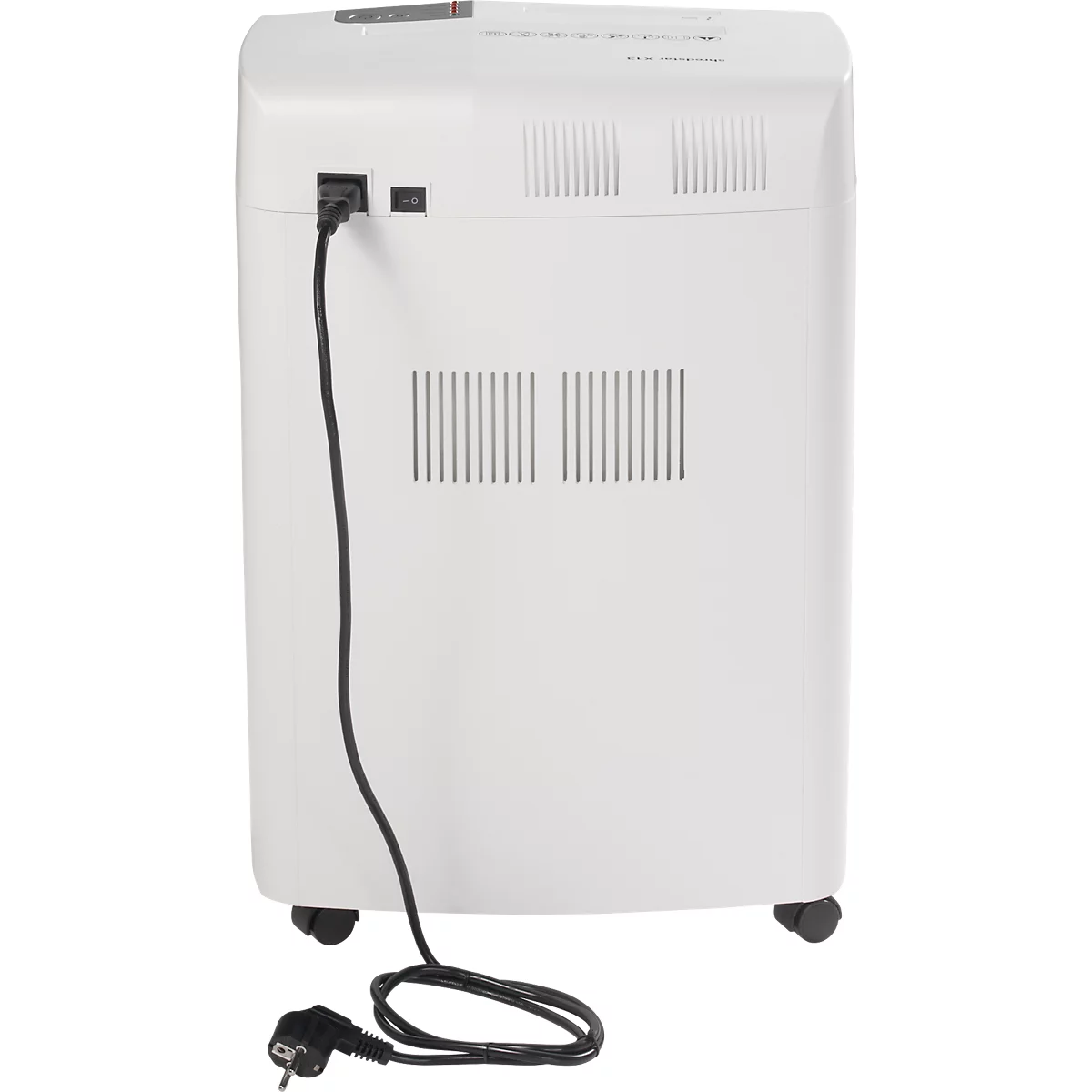 Back view of a white paper shredder. A power cable is connected. The paper shredder stands on wheels.