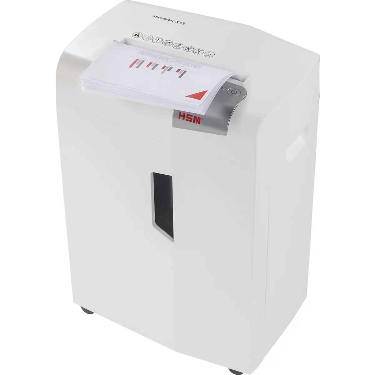 White shredder with paper in the opening; at the top it says "microsohr 8.2".