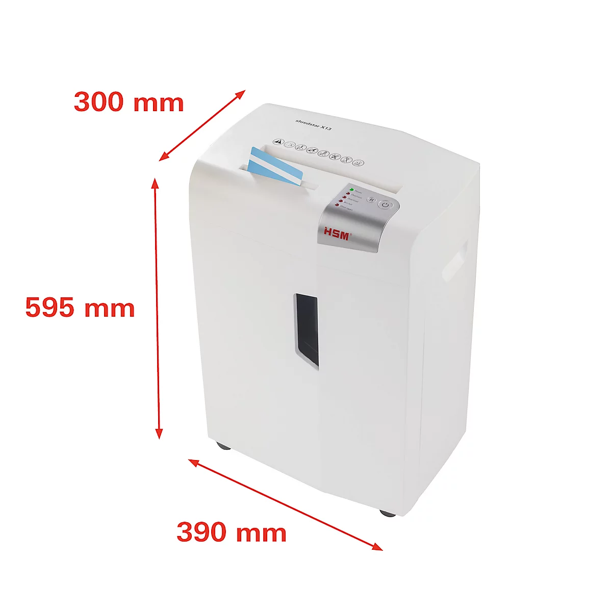 White paper shredder with dimensions 390 x 300 x 595 mm. The inscription 'HSM' and paper feed are visible.
