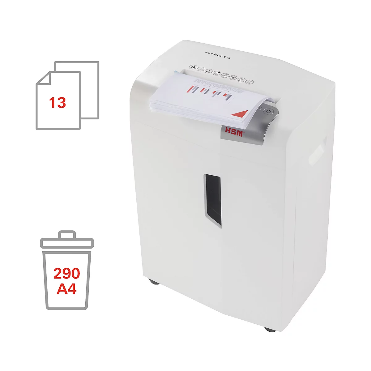 A white paper shredder. On the left side of the image, a collection of sheets with the number 13 and a trash can symbol with the inscription 290 A4 are shown.