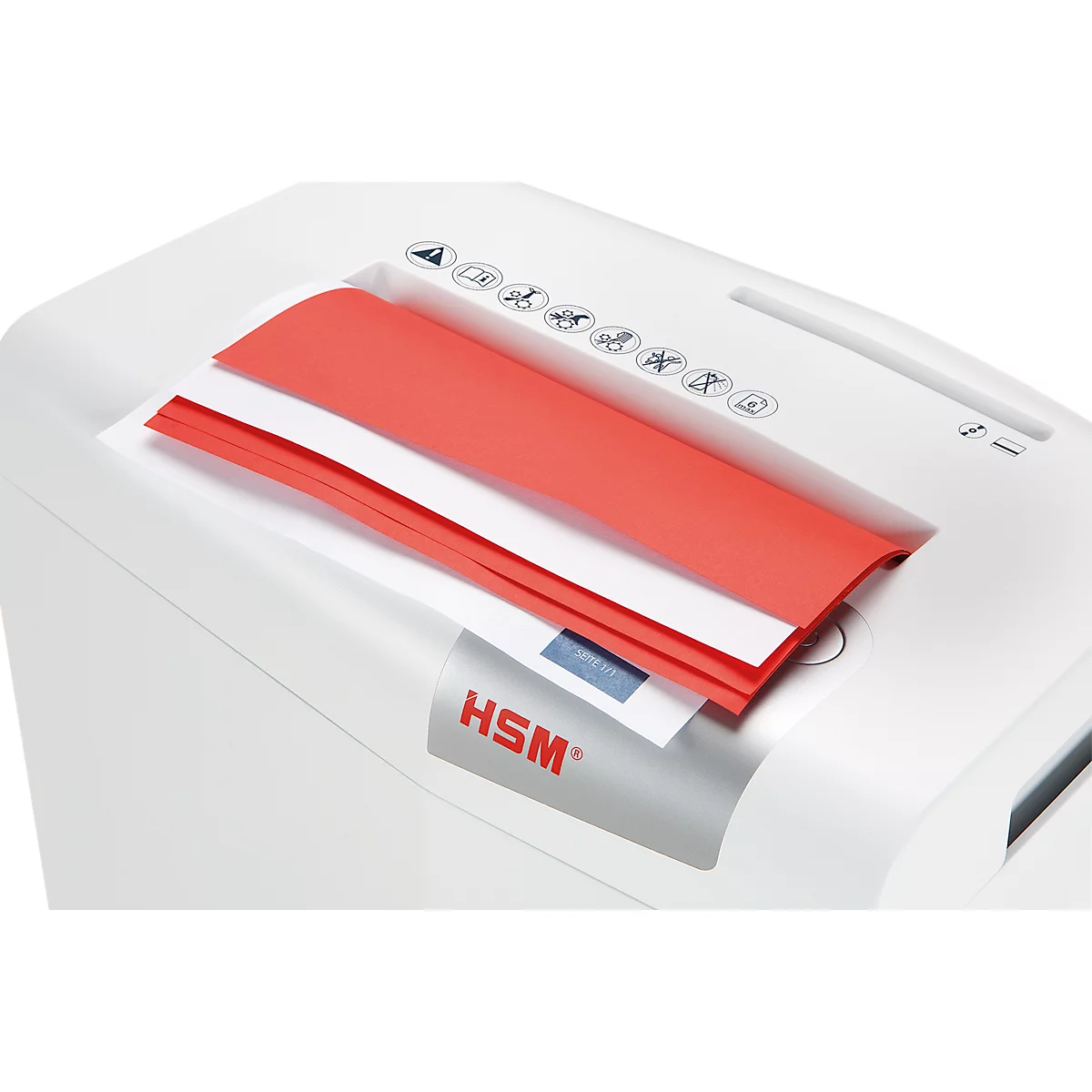 White paper shredder, red and white sheets in the feed. Control panel with symbols at the top, 'HSM' logo at the bottom.