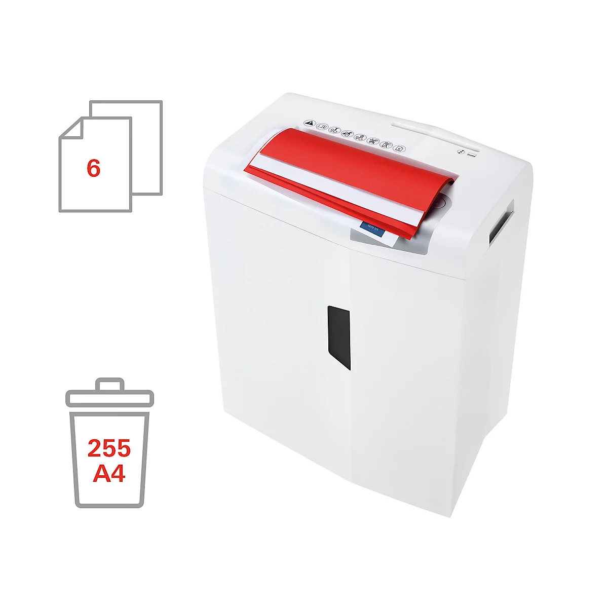 White paper shredder with inserted paper and paper symbols. Capacity: 255 A4 sheets.