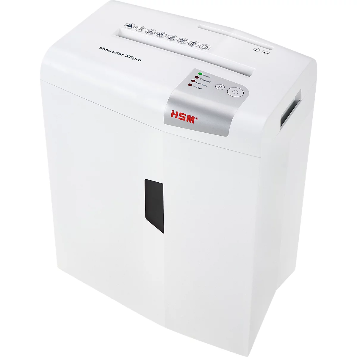White paper shredder, top input slot, control panel with buttons, and HSM logo.