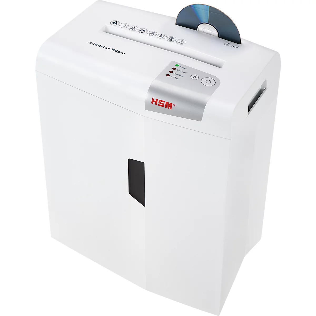 White paper shredder with CD slot, a CD protrudes, indicator lights, HSM logo.
