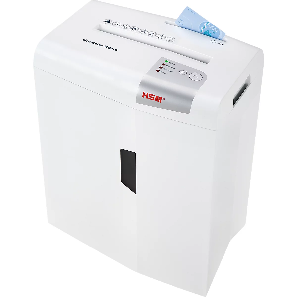 White paper shredder. Paper being fed. Control panel with the HSM logo.