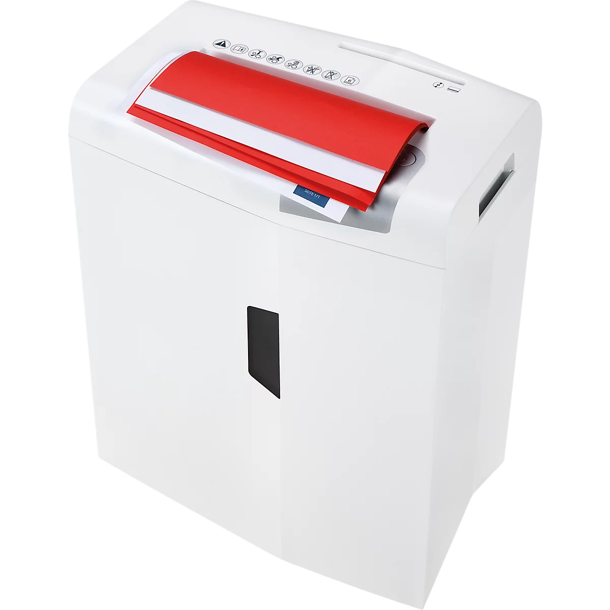 White paper shredder with a red paper feed. Red sheets of paper are in the feed at the top.