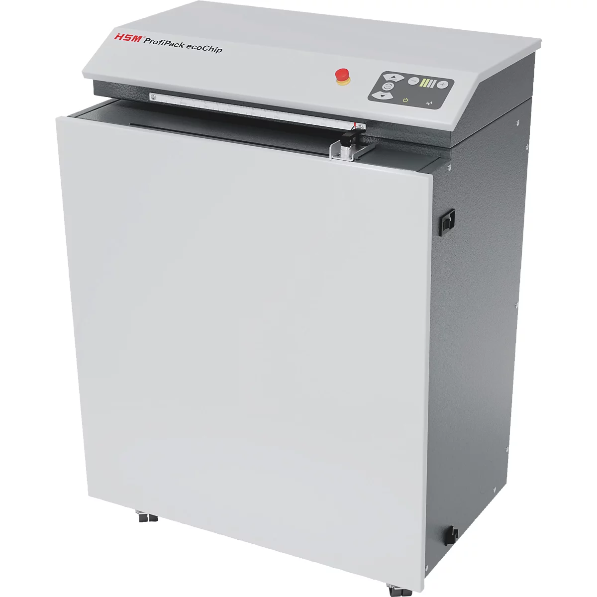 HSM ProfiPack ecoChip Kartonverpackungsmaschine in Weiß und Grau vor neutralem Hintergrund.
