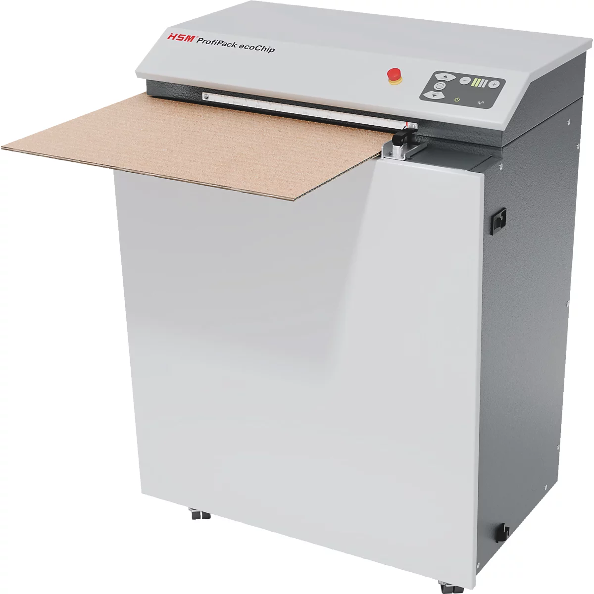 HSM ProfiPack ecoChip Kartonverarbeiter mit eingelegtem Karton vor weißem Hintergrund.