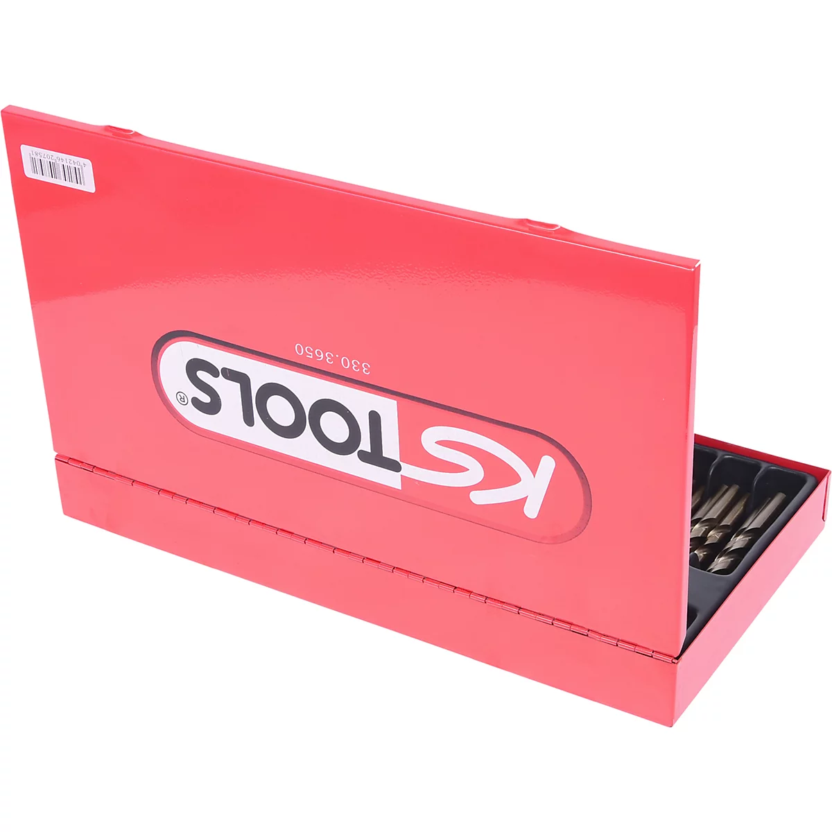 Roter Werkzeugkasten mit KS TOOLS Logo, teilweise geöffnet. Innen Schraubwerkzeug sichtbar.