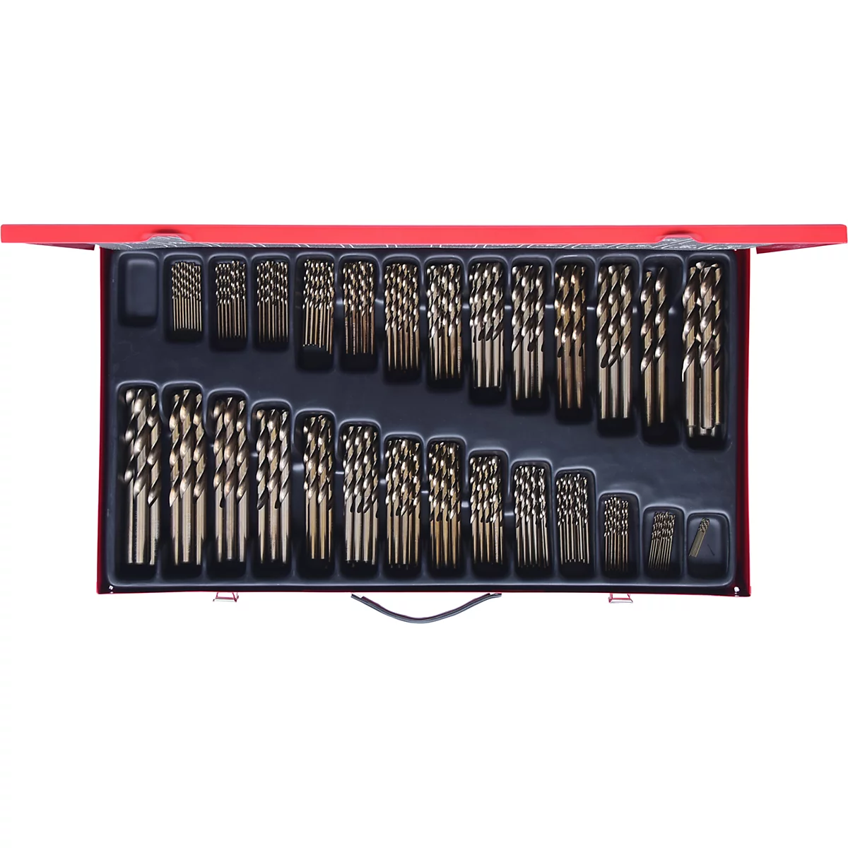 Offener, roter Werkzeugkasten mit goldfarbenen Bohrern. Die Bohrer sind in einem schwarzen Einsatz in Reih und Glied angeordnet.