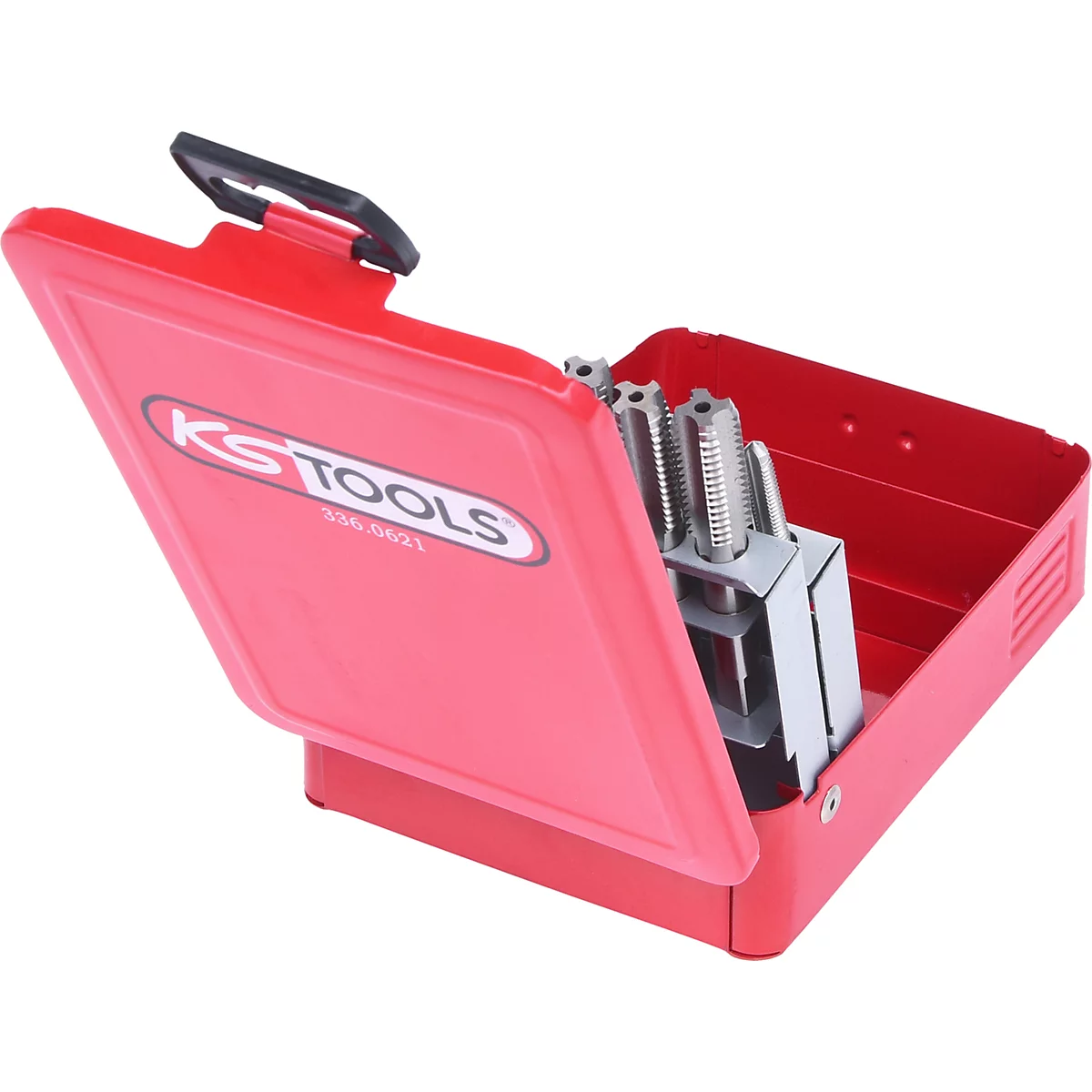 Roter Werkzeugkoffer mit Gewindebohrern. Koffer mit KS TOOLS Logo.