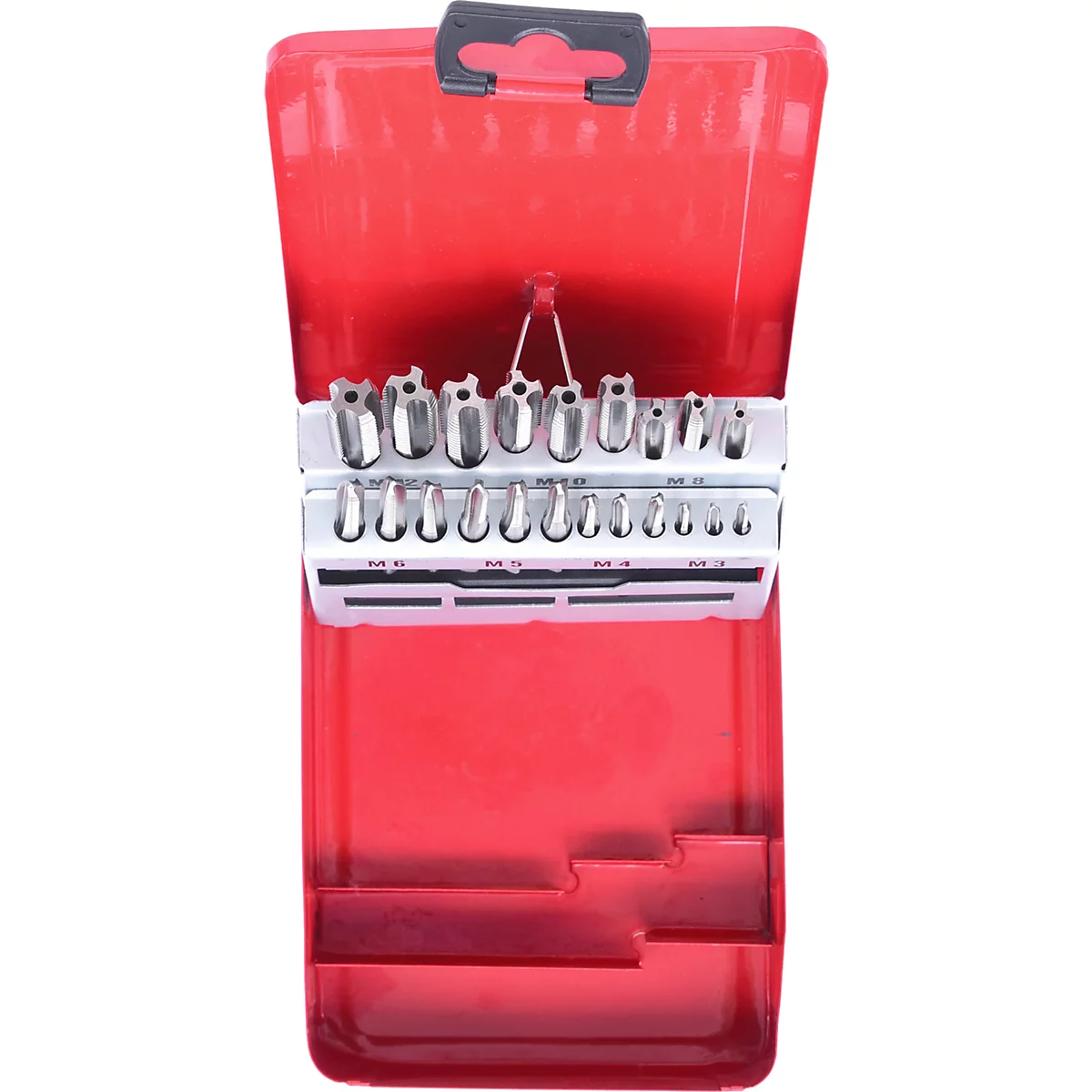 Ein roter Werkzeugkasten mit Torx-Bits, in einem Gestell fixiert. Der Kasten ist geöffnet, oben ein Tragegriff.