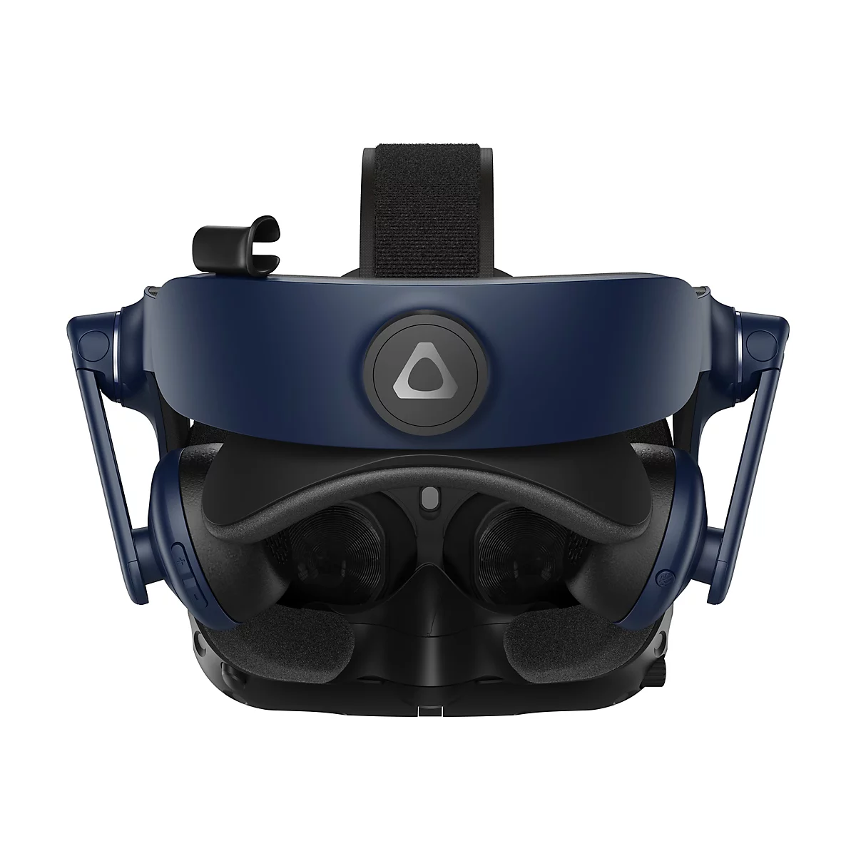 Draufsicht auf ein Virtual-Reality-Headset in Blau und Schwarz. Auf der Vorderseite ist das Logo abgebildet.