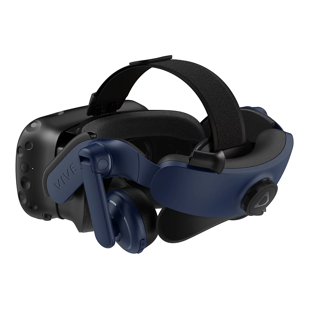Ein Virtual-Reality-Headset, schwarz und blau, mit Kopfband und Ohrhörern. Auf der Seite steht "VIVE".