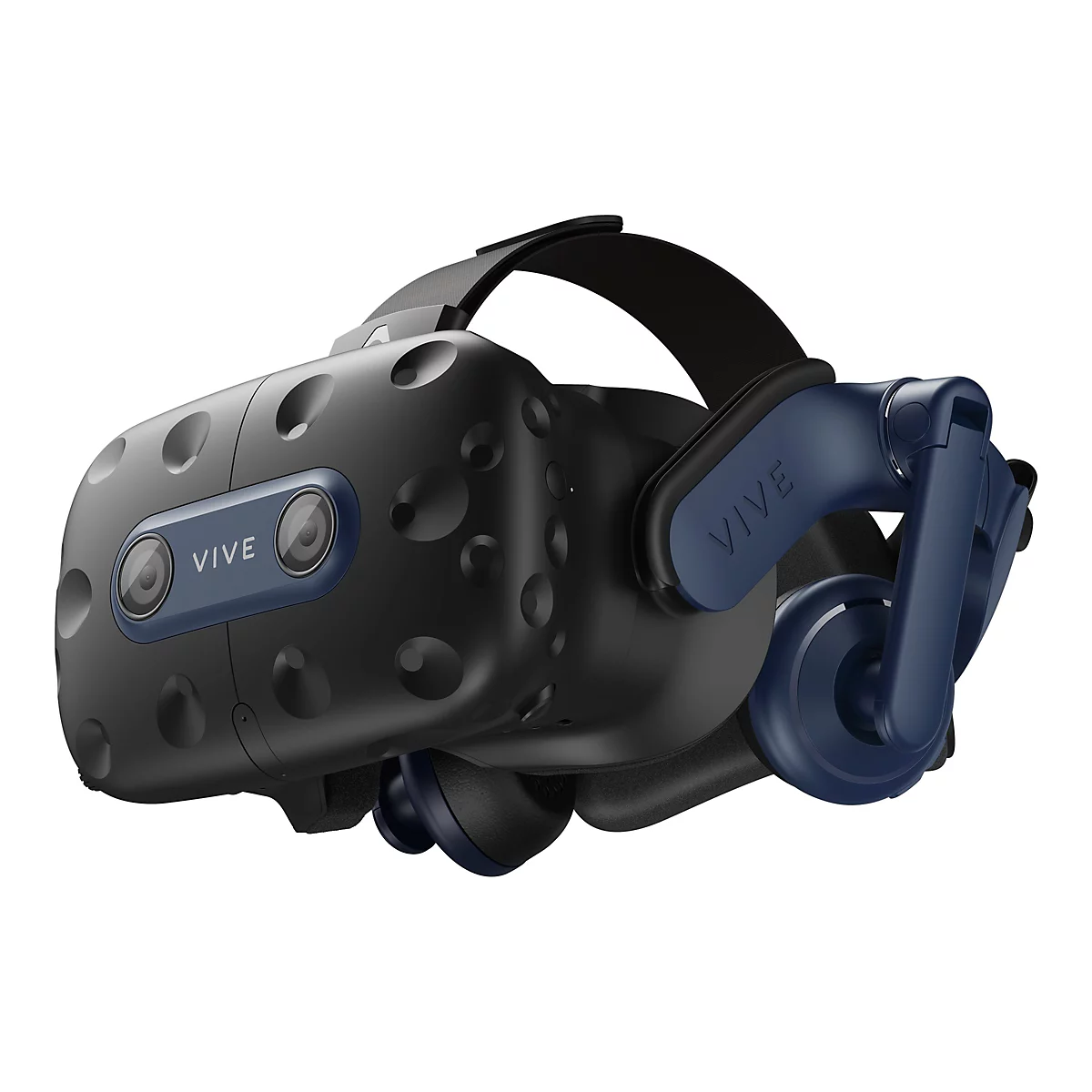 Schwarzes VR-Headset mit blauen Akzenten. Auf der Vorderseite steht „VIVE“. Das Headset hat eine Kopfbandbefestigung.