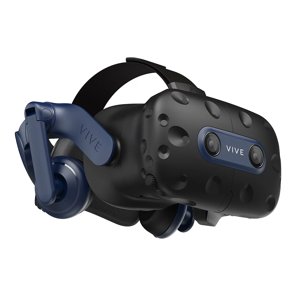 Schwarzes VR-Headset mit dunkelblauen Akzenten. Auf dem Headset steht 'VIVE'.