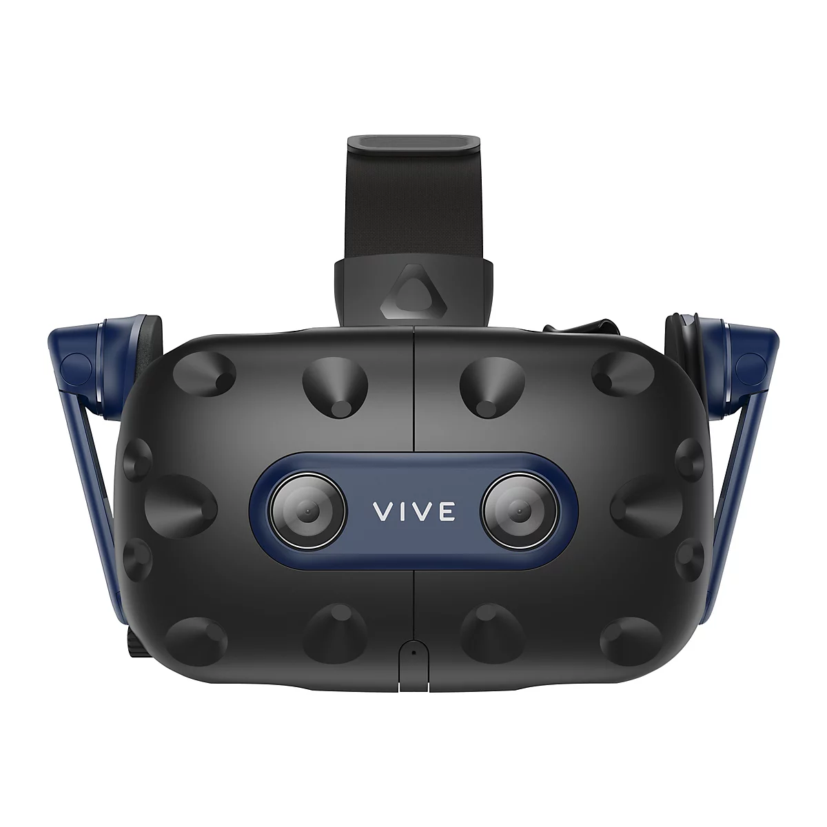 Schwarze VR-Brille mit blauen Elementen und dem Wort "VIVE" auf der Vorderseite.