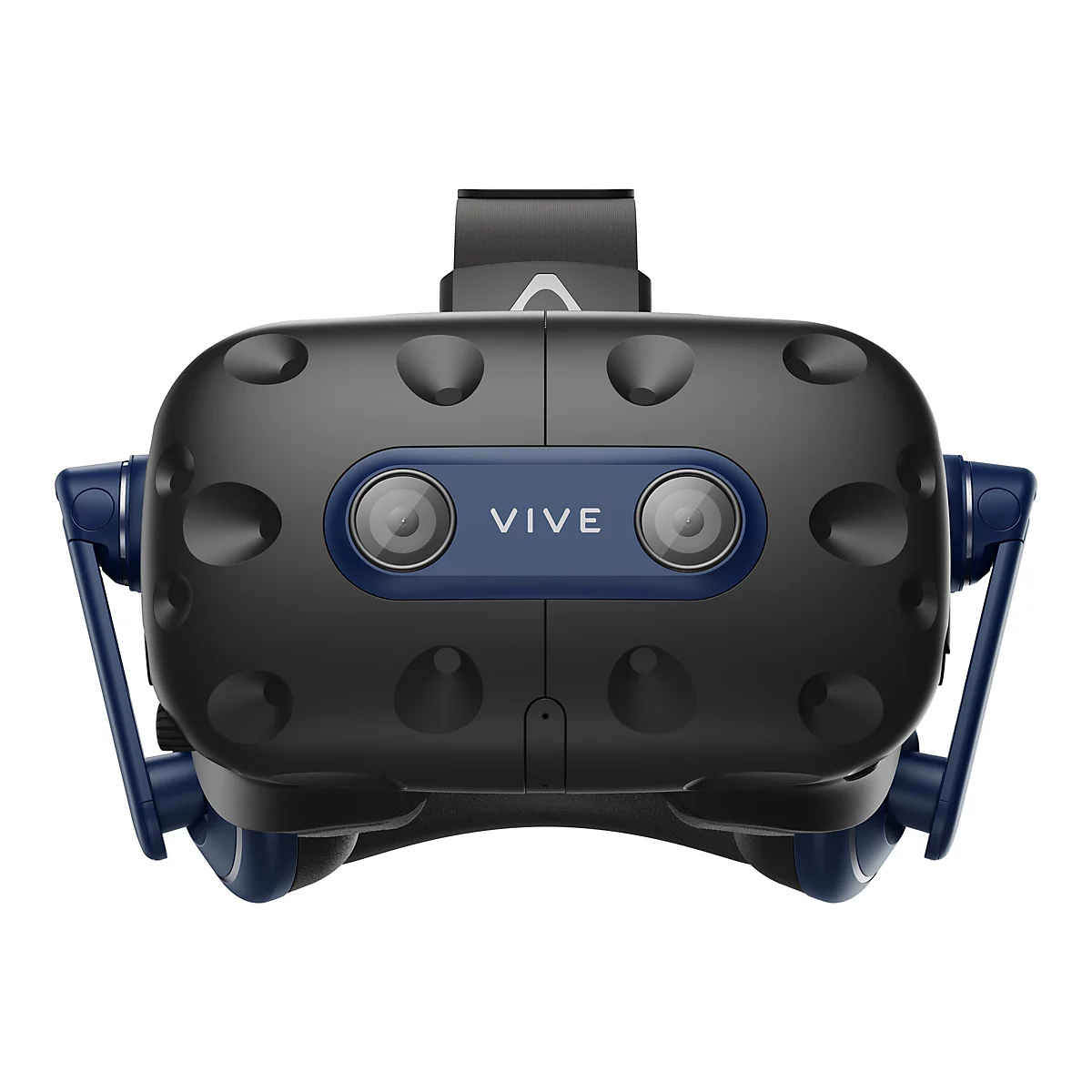 Eine schwarze VR-Brille mit blauen Akzenten und dem Schriftzug VIVE. Detailaufnahme mit weißem Hintergrund.