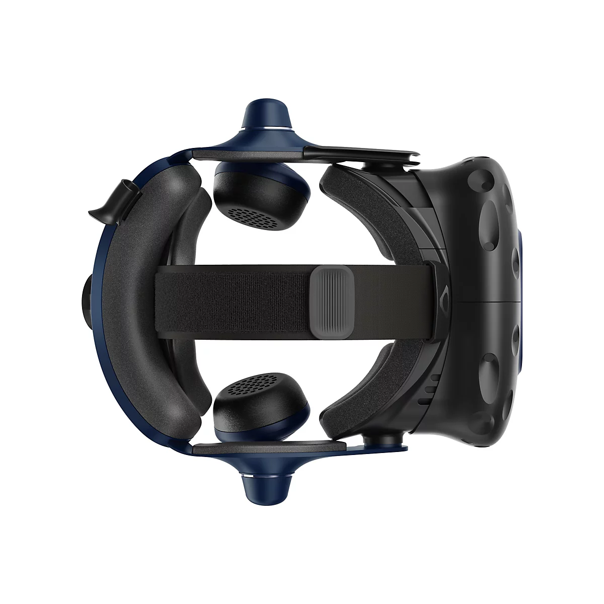 Draufsicht einer VR-Brille mit schwarzen und blauen Elementen, detailreich.