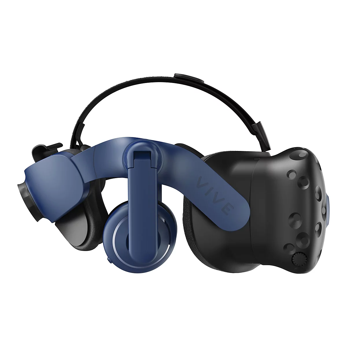 Blau-schwarzes VR-Headset auf weißem Hintergrund. Das Headset trägt den Schriftzug "VIVE".