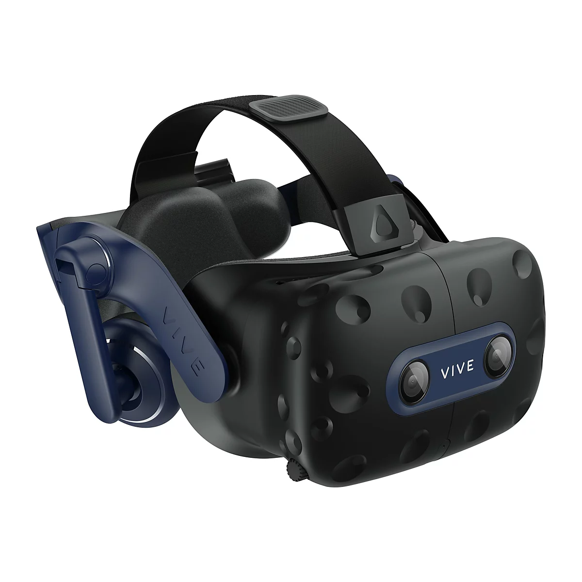 Schwarzes VR-Headset mit dunkelblauen Akzenten, inklusive Kopfband und Ohrhörer. Auf dem Headset steht 'VIVE'.
