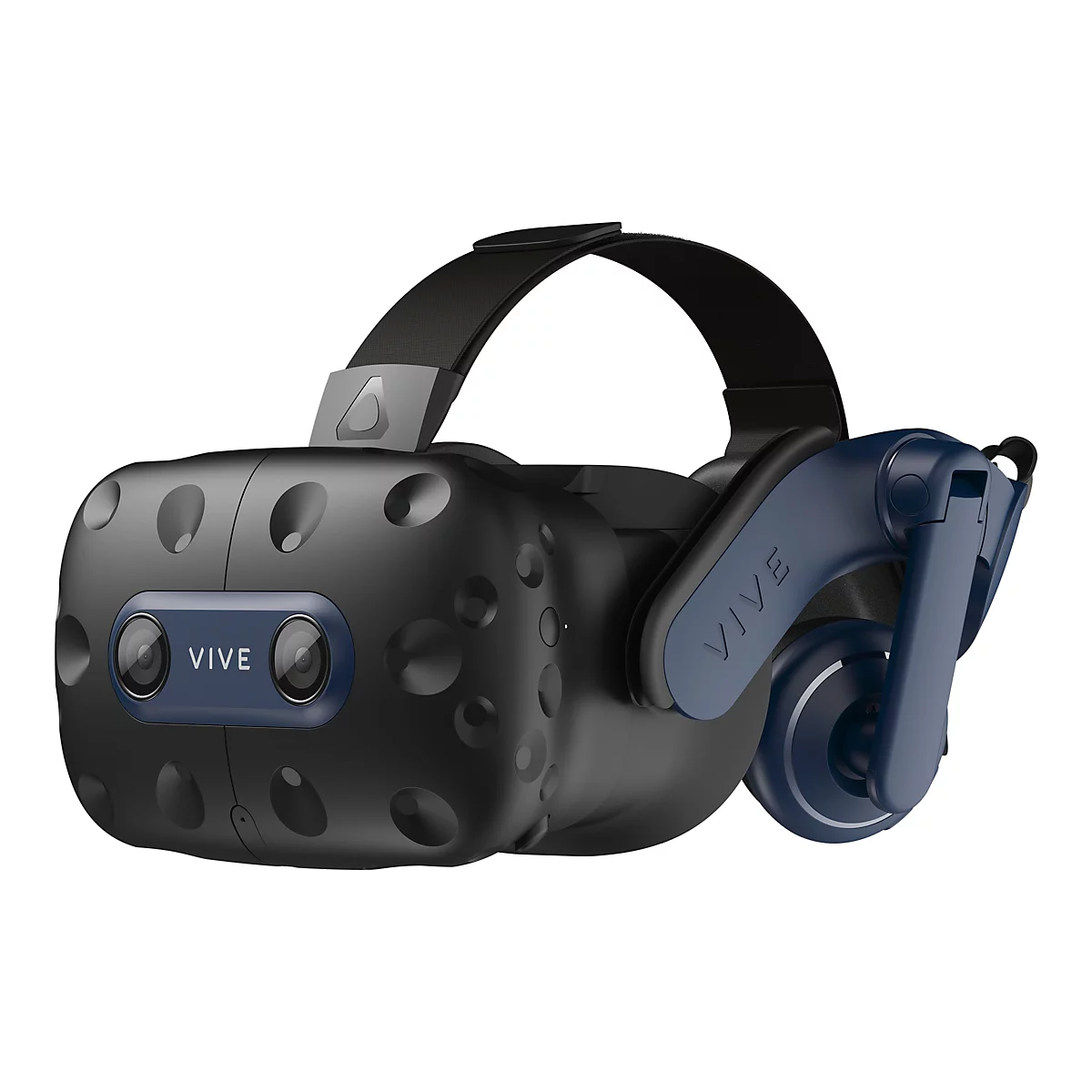 Schwarze VR-Brille mit blauem Akzent und Schriftzug "VIVE".
