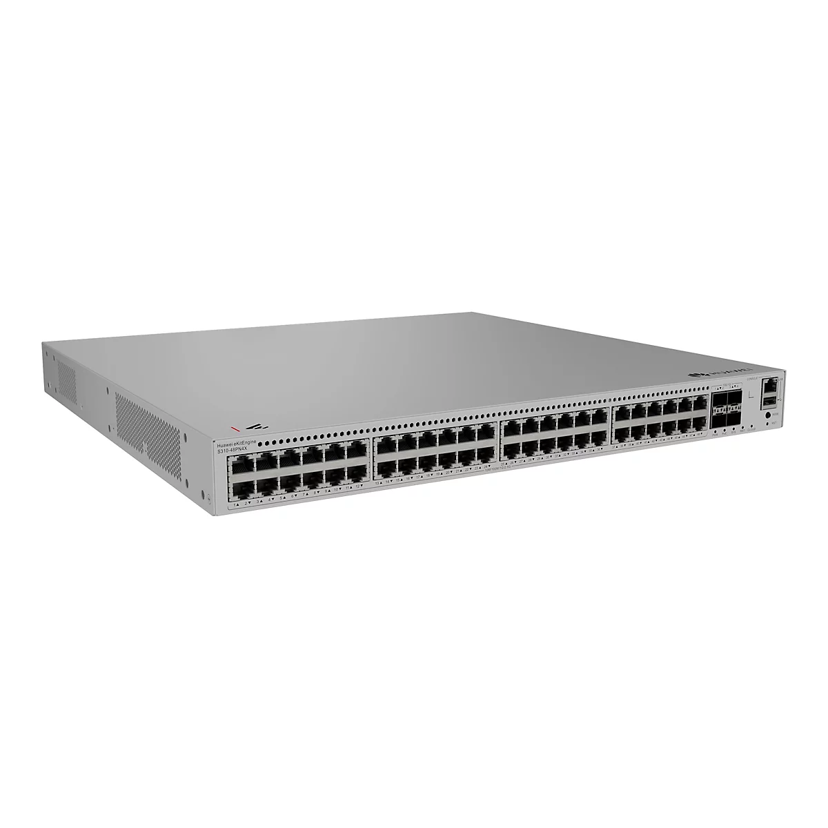 Un commutateur réseau gris avec de nombreux ports et le logo Huawei.
