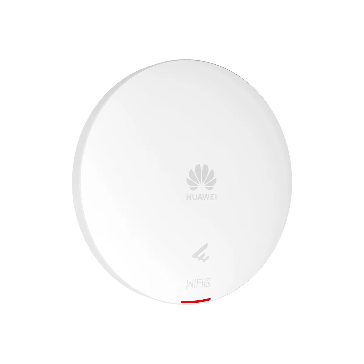 Rundes, weißes Huawei-WLAN-Gerät. Oben Logo, darunter "HUAWEI" und "WiFi 6". Roter Streifen an der Unterseite.