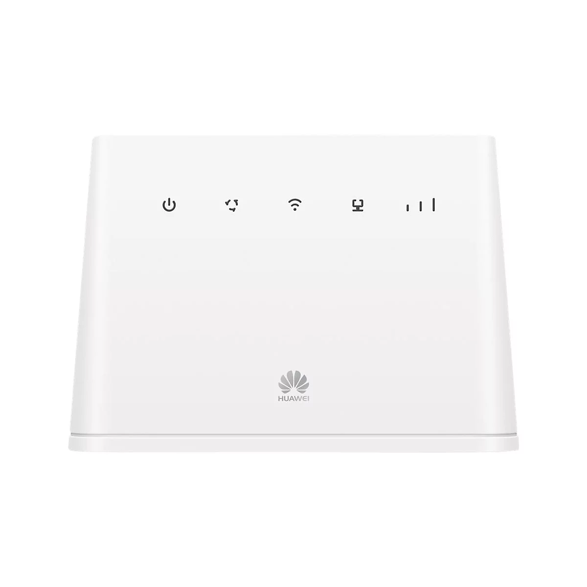 Weißer Huawei Router in Frontansicht mit fünf Status-Symbolen und dem Huawei-Logo auf weißem Hintergrund.